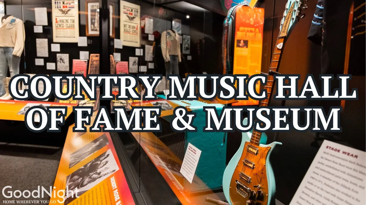 This image shows an interior filled with iconic country music memorabilia, a guitar display, and informational plaques, evoking the atmosphere of the Country Music Hall of Fame or a similar Nashville music institution. It immerses viewers in the history and legends of Nashville's music scene.