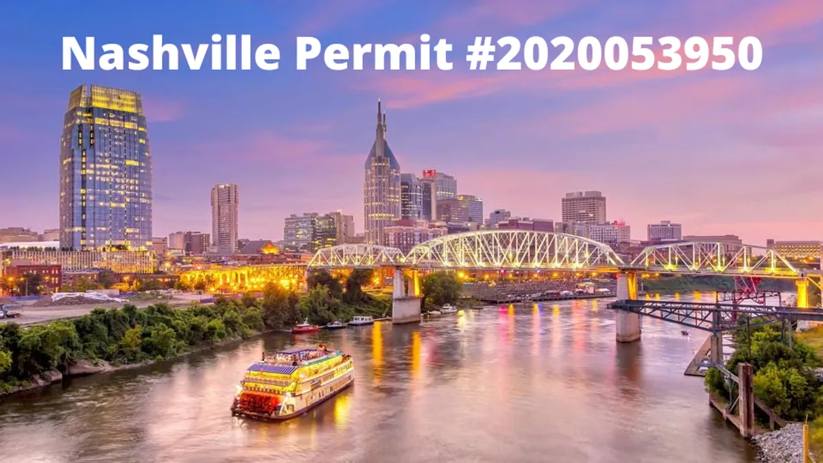 A panoramic view of the Nashville skyline with a riverboat on the water, city lights twinkling in the distance, and bridges connecting the bustling city. The sunset glow and activity along the riverfront highlight the city’s vibrant and inviting atmosphere.
