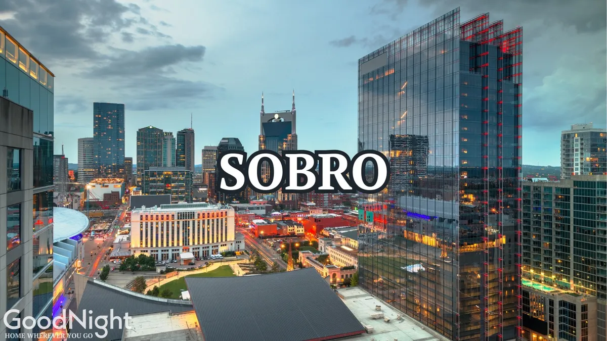A sweeping rooftop view of the Nashville skyline, with prominent buildings and a glowing sunset hinting at the exciting nightlife and endless opportunities for after-work adventures in the city.